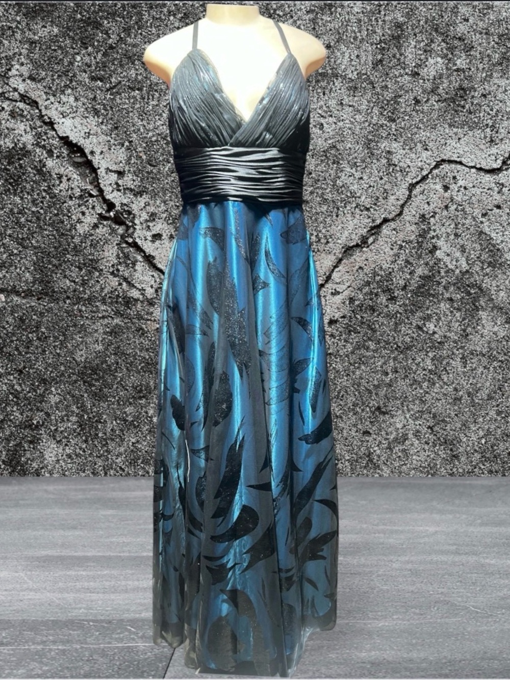 Aspeed Teal and Black Backless Evening Gown